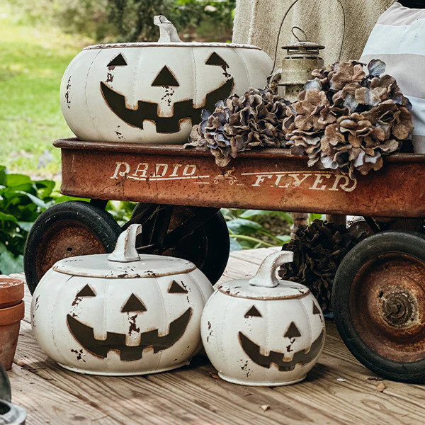 Huge Chippy Metal Jack O Lanterns, Set of Three - Decor Steals | Decor Steals