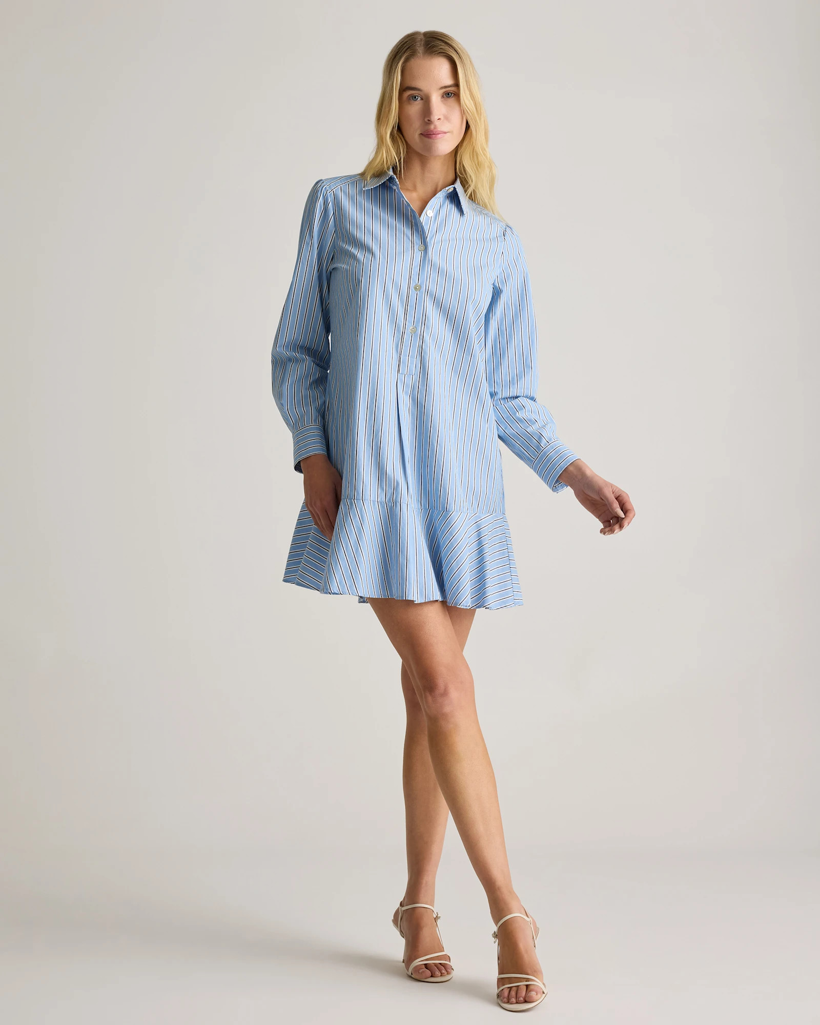 Quince | Women's Poplin Drop Waist Shirt Dress in Terracotta Stripe, Size Small, Organic Cotton | Quince
