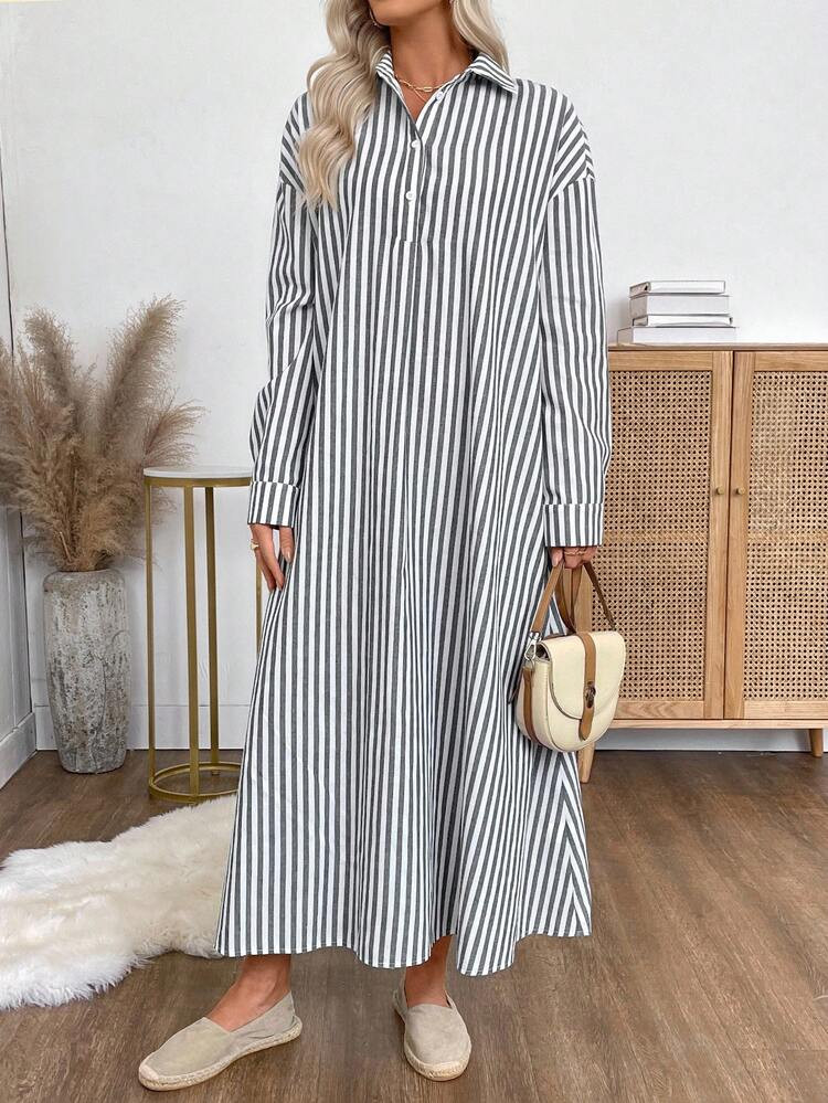 EMERY ROSE Women's Striped Drop Shoulder Long Sleeve Button Half Placket Casual Loose Shirt Dress Autumn Dress Fall Dresses For Women Oing Out Outfit Business Casual Woman Old Money Style Women Button Up Shirt Women | SHEIN