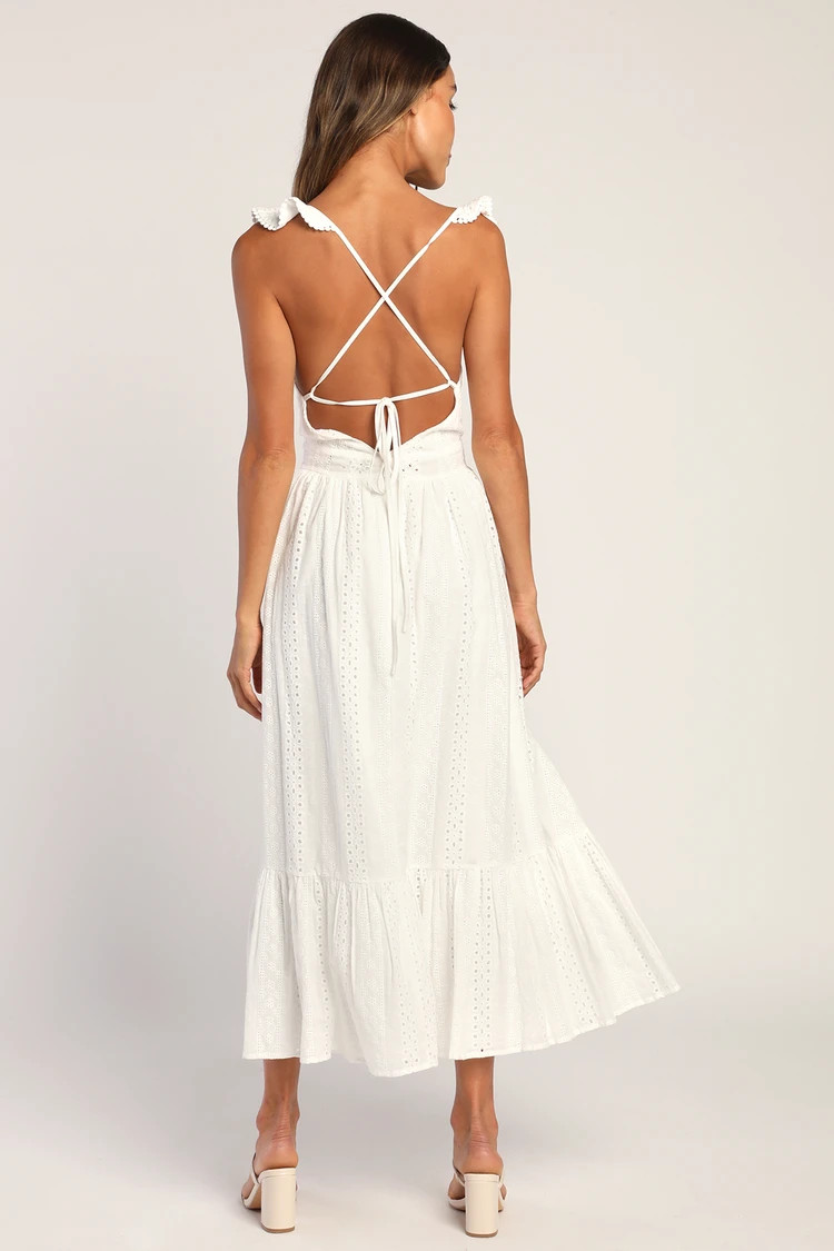 Sicilian Sun White Eyelet Embroidered Ruffled Lace-Up Midi Dress | Lulus