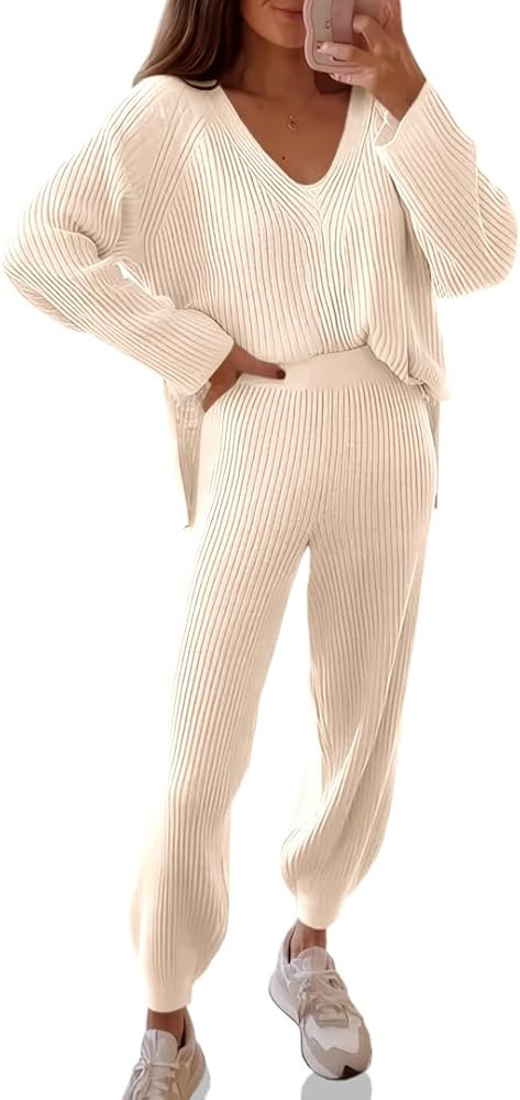 Amazon.com: Tankaneo Womens Knit Sets Oversized V Neck Sweaters and Wide Leg Pants Fall Loungewea... | Amazon (US)