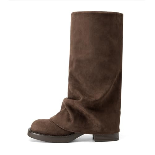 Athlefit Women's Fold Over Boots Slouchy Mid Calf Boots Brown Suede 11 | Amazon (US)