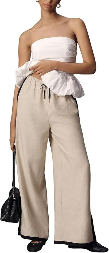 Lentta Womens Linen Wide Leg Pants Side Striped Palazzo Pants Beach Pants with Pockets Lounge Vac... | Amazon (US)