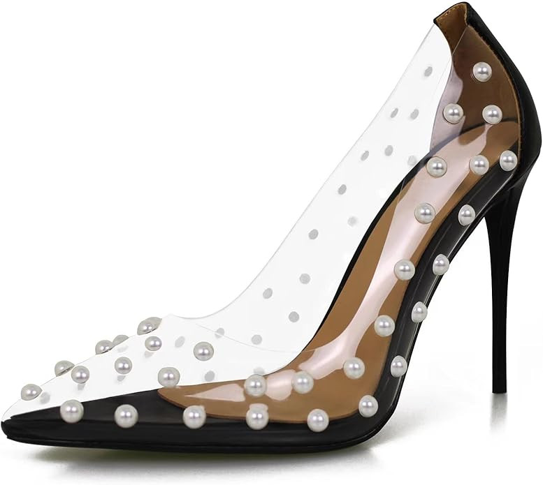 iadore Women's Pumps,11cm Pointed Toe Women High Heel Shoes Fashion Pearl Studded PVC Clear Heels... | Amazon (US)