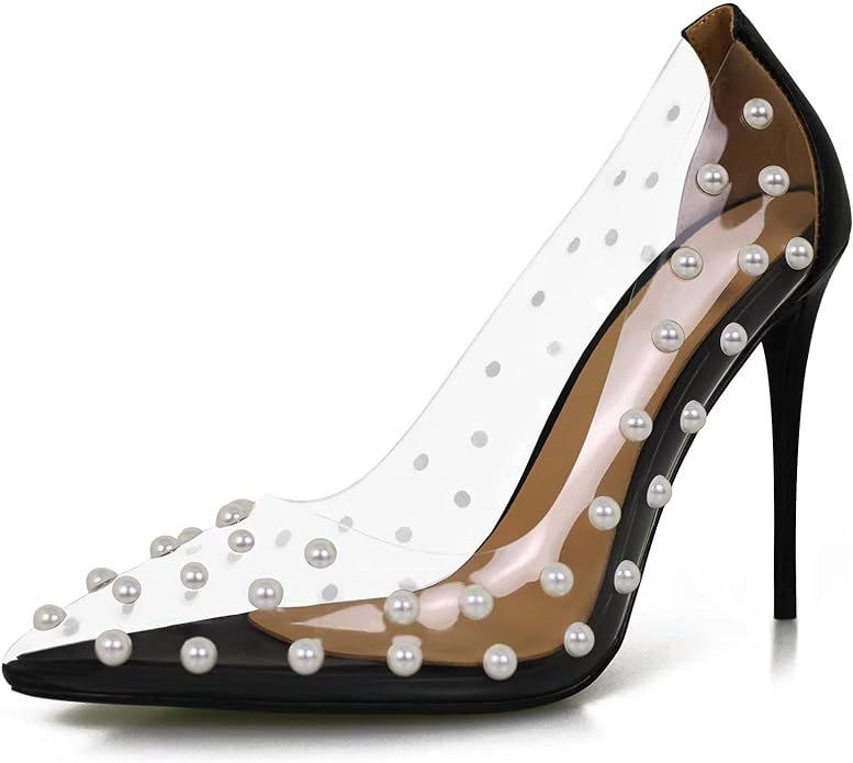 iadore Women's Pumps,11cm Pointed Toe Women High Heel Shoes Fashion Pearl Studded PVC Clear Heels... | Amazon (US)