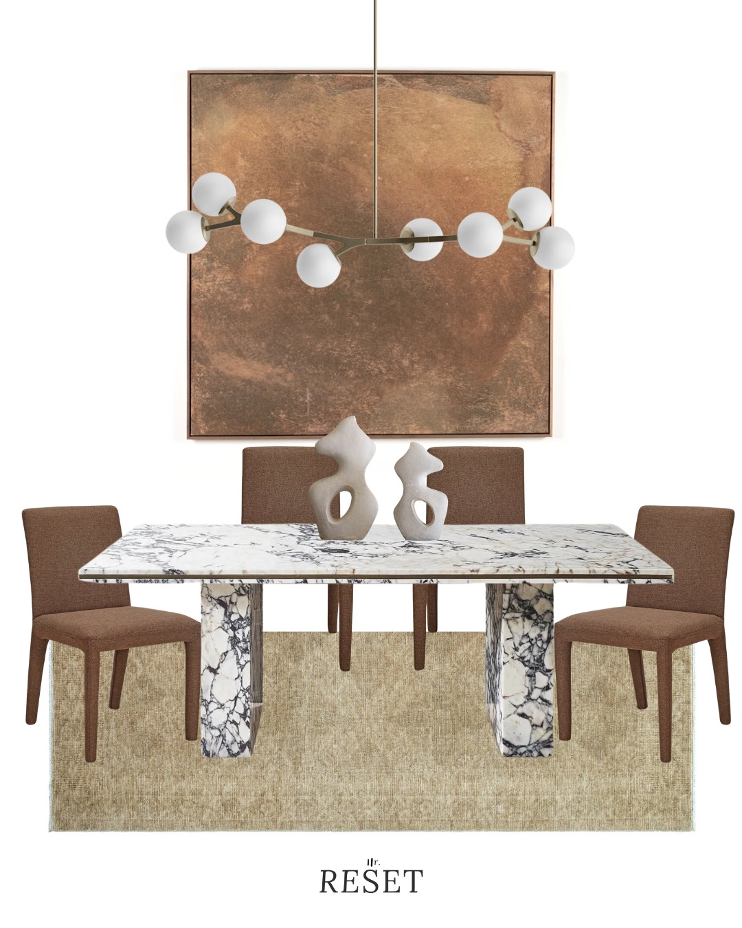 High-end neutral dining room furniture with a modern, elevated feel.
This space includes a marble dining table, neutral upholstered dining chairs, statement modern chandelier, abstract wall art, and a natural area rug.
Perfect for anyone designing a timeless, modern dining room. 

 #LTKSeasonal #LTKHome