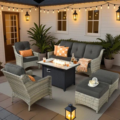 Harper Outdoor 6 Piece Patio Furniture With Fire Pit Table,Wicker Conversation Set With Single Chair,Comfy Sectional Deep Sofa With Ottoman For Outsid | Wayfair North America