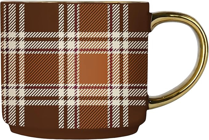 Sweet Water Decor Brown Plaid Mug with Gold Handle, 14oz Fine Bone China Coffee Cup for Tea, Latt... | Amazon (US)