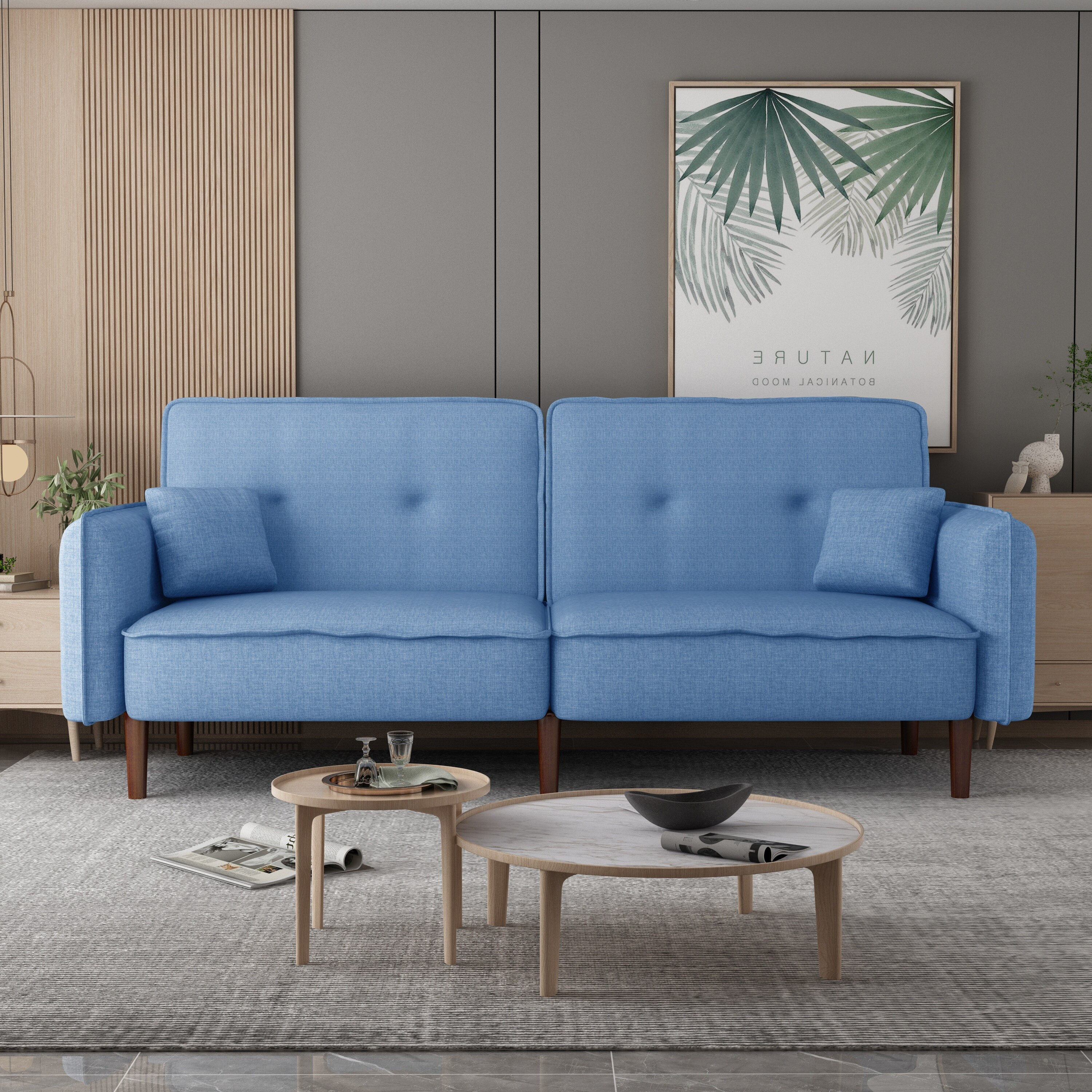 Blue 75" Cotton-Linen Futon Sofa Bed with Adjustable Backrest & Pillows | Bed Bath & Beyond