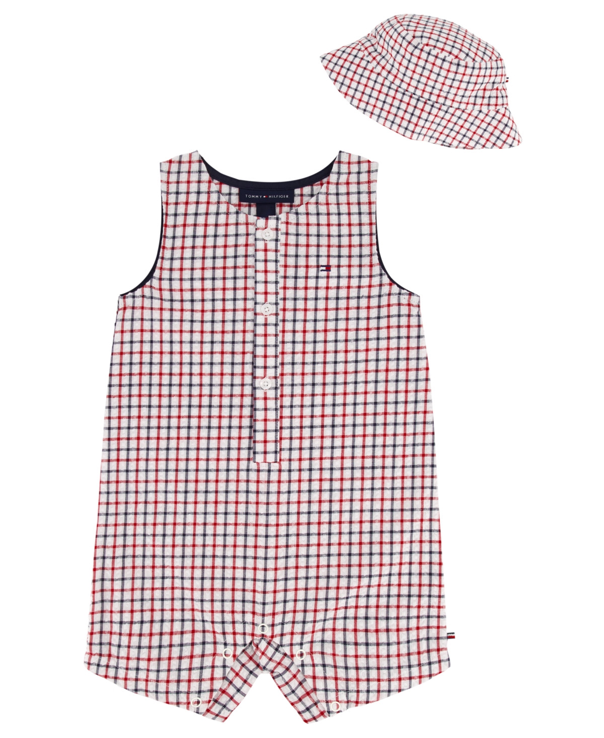 Tommy Hilfiger Baby Boys' Seersucker Check Sunsuit and Bucket Hat, 2-Piece Set - Red/Navy/White | Macy's