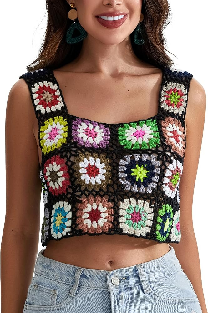 Womens Crochet Tank Top with Tassels Cover Ups Knit Colorful Floral Embroidery Summer Boho Camiso... | Amazon (US)