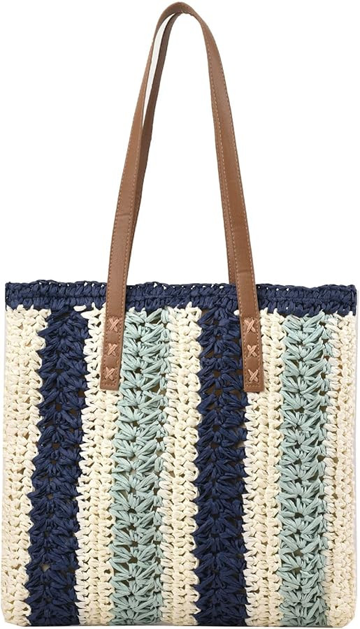 Straw Purse Striped Straw Beach Tote With Leather Handles, Navy And Cream Braided Summer Tote Sho... | Amazon (US)