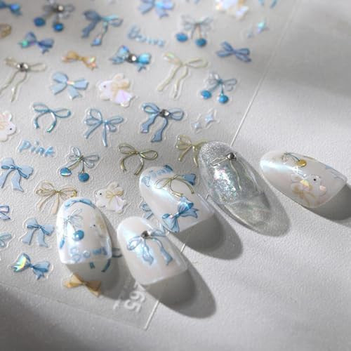 5D Embossed Bow Nail Stickers Blue Bow Nail Art Stickers Self-Adhesive Rabbit Nail Decals Ribbon Nail Sticker with Rhinestone Design Spring Summer Nails Supplies for Women Girls DIY Manicure | Amazon (US)