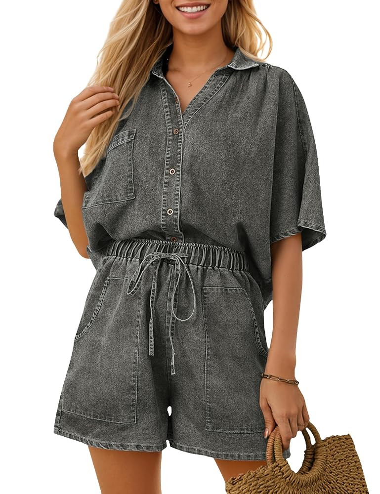 Zilcremo Womens 2 Piece Outfits Summer Denim Sets Short Sleeve Button Down Crop Jean Shirts High ... | Amazon (US)