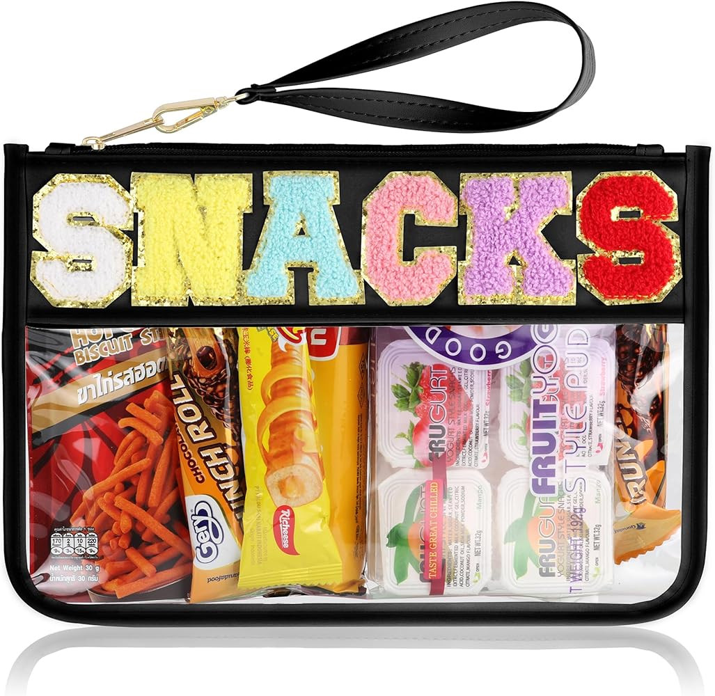 Snack Bag for Travel - Clear Chenille Varsity Letter Flat Pouch with Zipper, 12.2×8.46 inch Wate... | Amazon (US)
