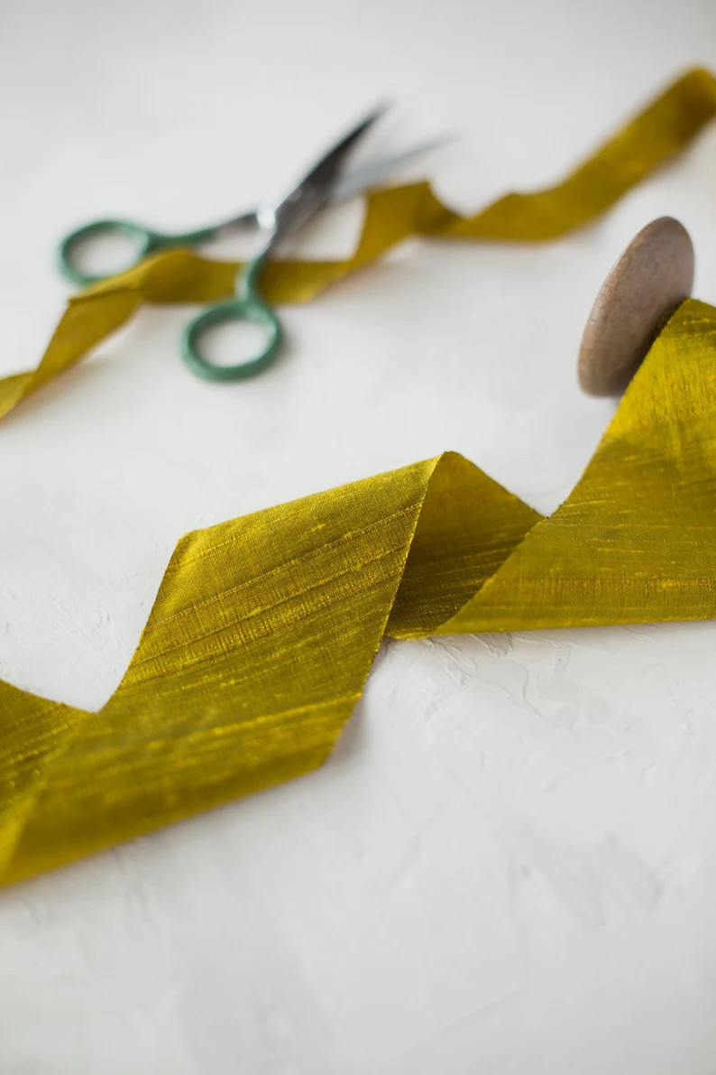 Gold Chartreuse Bias-cut Dupioni Silk Ribbon  3/4  - Etsy | Etsy (US)