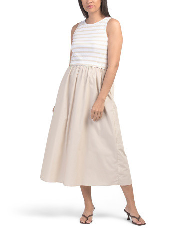 Mixed Media Sleeveless Ribbed Dress With Poplin Skirt | TJ Maxx