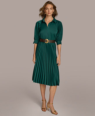 Women's Belted Pleat-Skirt A-Line Dress | Macy's