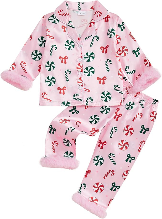 Mubineo Toddler Baby Girl Boy Long Sleeve Christmas Pajamas Sets Feather Trim Kids Cute Candy Can... | Amazon (US)