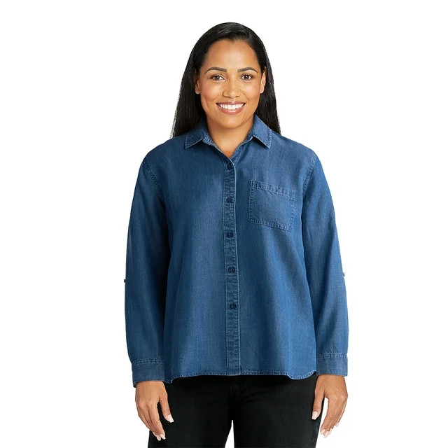 Time and Tru Women's Button Front Shirt with Long Sleeves, Sizes XS-XXXL | Walmart (US)