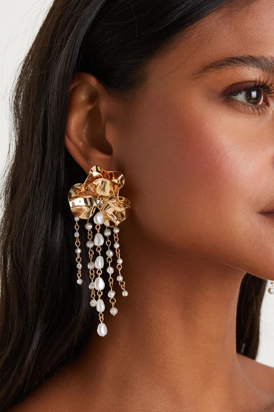Decadent Aesthetic Gold Pearl Flower Statement Earrings | Lulus (US)