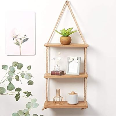 SAND MINE 3 Tier Wood Hanging Shelf, Floating Wall Swing Storage Shelves, Jute Rope Organizer Rac... | Amazon (US)