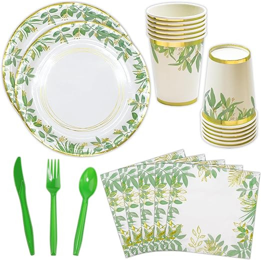 DYLIVeS Sage Green Party Supplies, Greenery Party Plates and Napkins Cups Cutlery Set Gold Foiled... | Amazon (US)