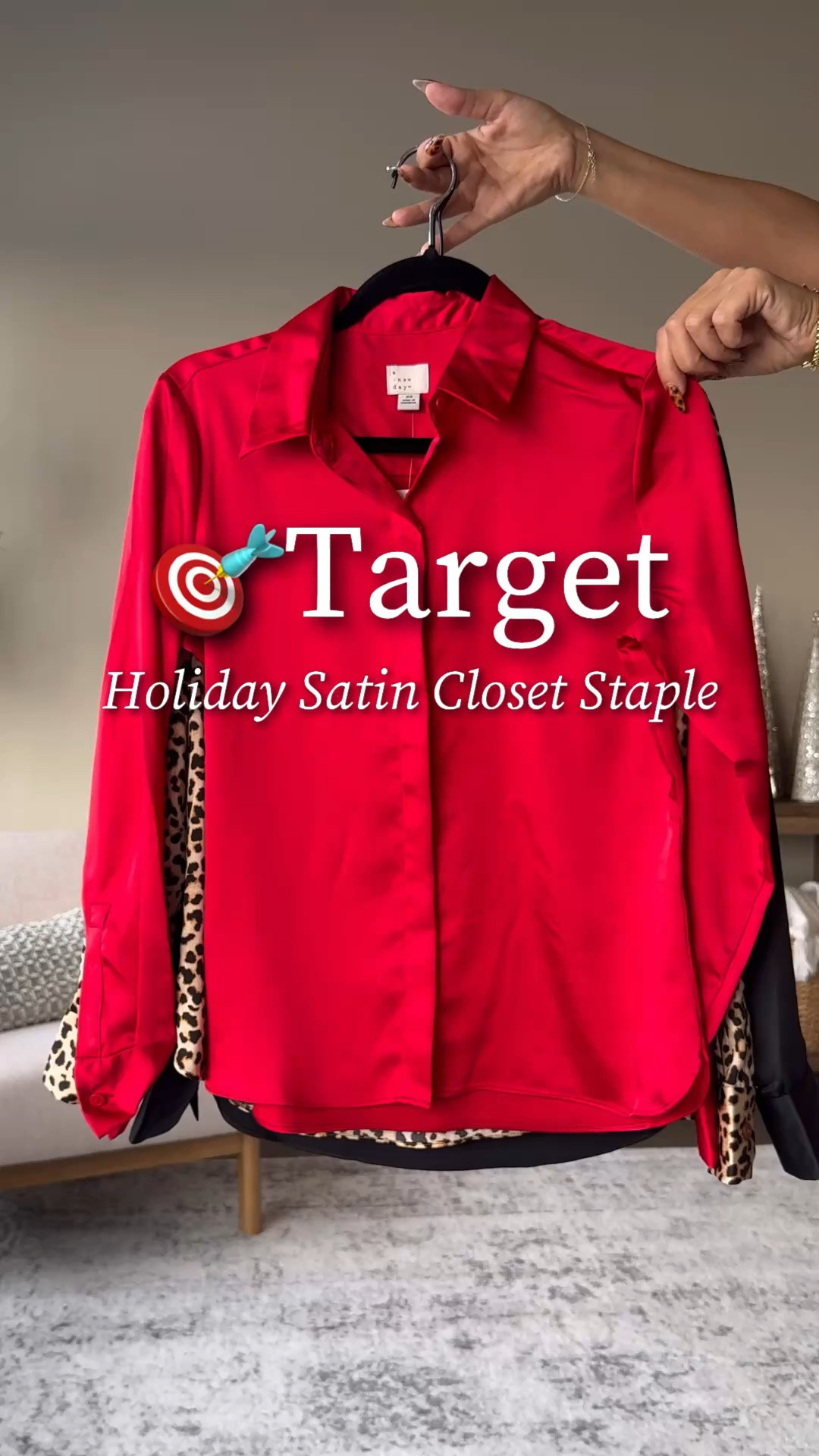 Holiday wardrobe essential alert! This satin button-down from Target (in 12 colors!) is a versatile gem. Dress it up for festive gatherings, style it for the office, or keep it casual for everyday wear. It’s that effortless piece you can pair with anything! 
Tops- x-small (stay tts) 
faux leather jacket- small 
Skirt- x-small 
Pants- size 4 
#ltkparties #ltkover40 #ltkfindsunder50 #ltkfindsunder100

#LTKU #LTKHoliday #LTKParties