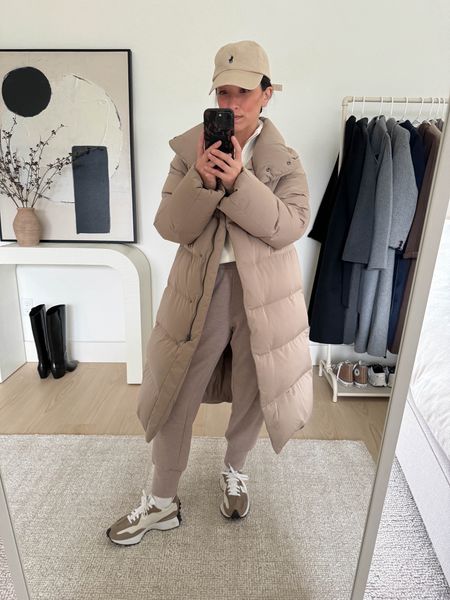 Neutral athleisure. Neutral puffer coat. How to style joggers. Coat is old Uniqlo. Taupe color. Linked similar. 

Uniqlo coat xxs 
Varley pullover xs
Varley joggers 25” xs
New Balance 327. 4.5 men’s. 
Polo Ralph Lauren hat 

#LTKfitness #LTKshoecrush