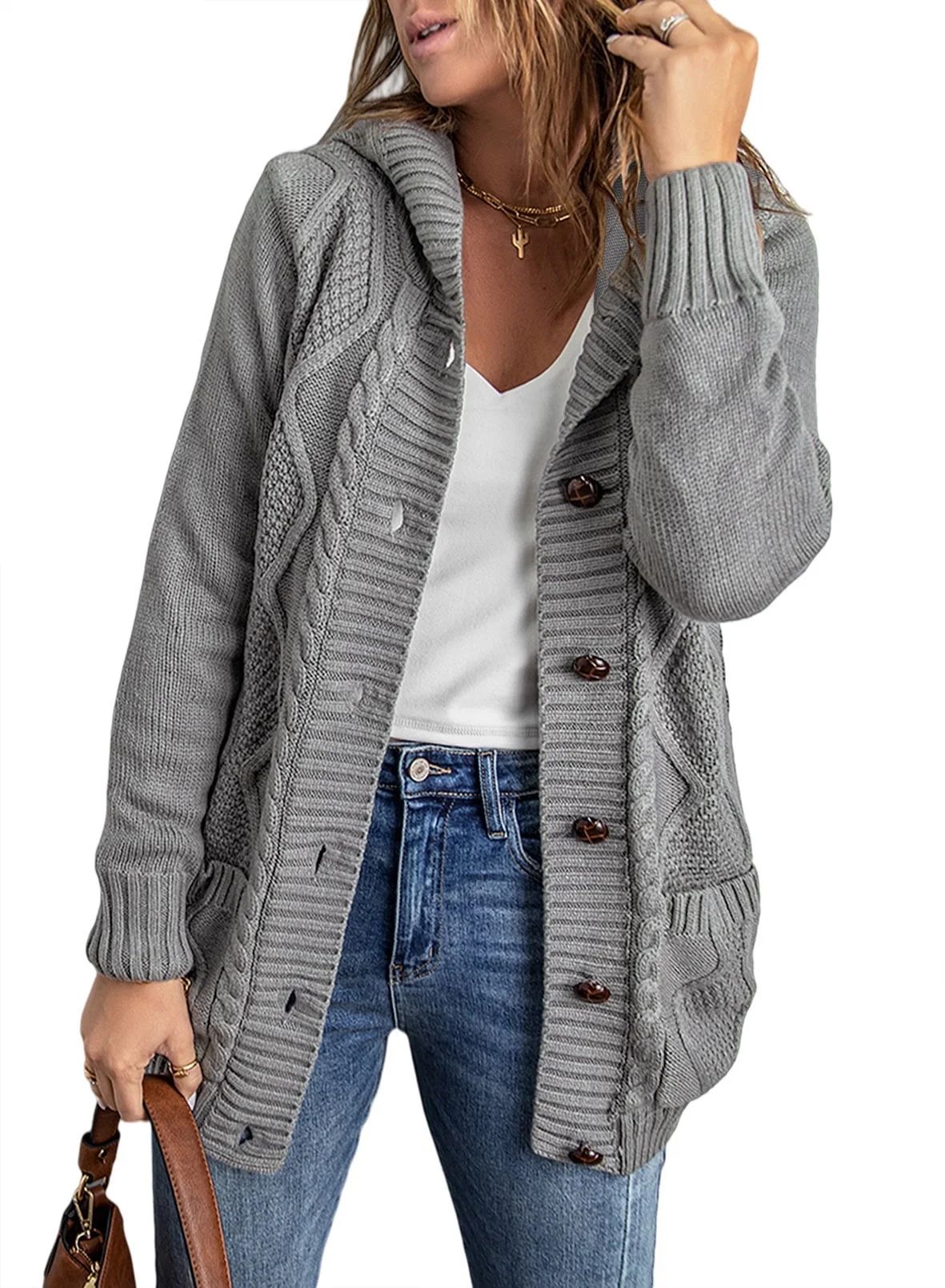 Eytino Hooded Cardigan Sweaters for Women Long Sleeve Button Down Knit Sweater Coat Outwear with ... | Walmart (US)