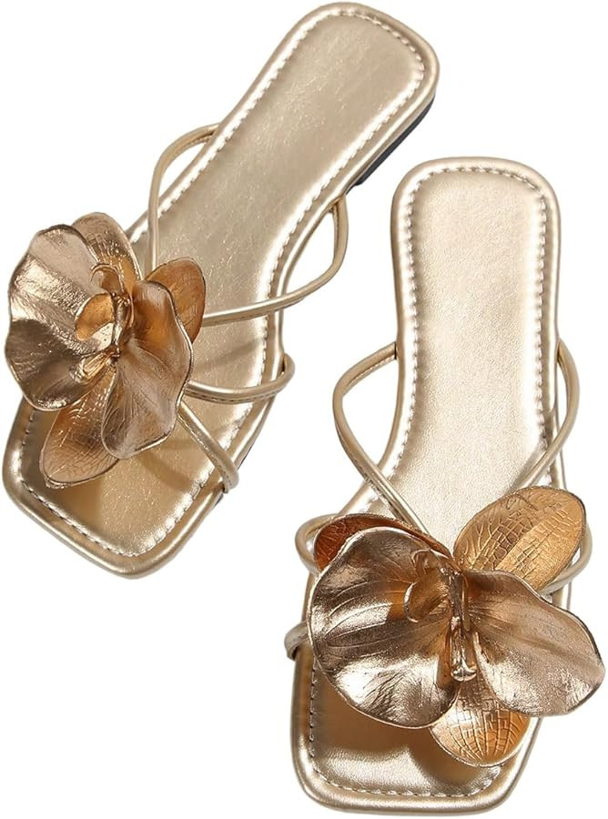 GORGLITTER Women's 3D Flower Sandals Dressy Square Open Toe Floral Flat Sandals Summer Beach Vaca... | Amazon (US)