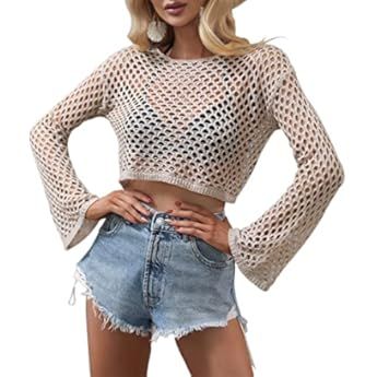 KEOMUD Women Mesh Crochet Crop Top Long Sleeve Hollow Out Knit Sweater Bikini Beach See Through C... | Amazon (US)