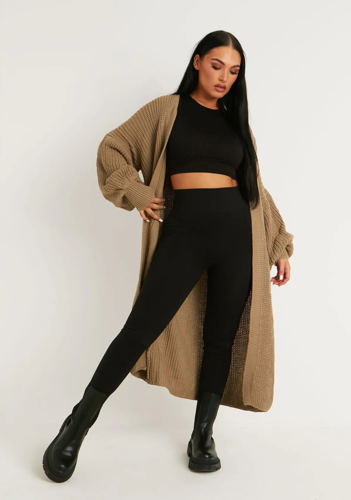 Nathalie Mocha Balloon Sleeve Knitted Cardigan | Missy Empire (UK)