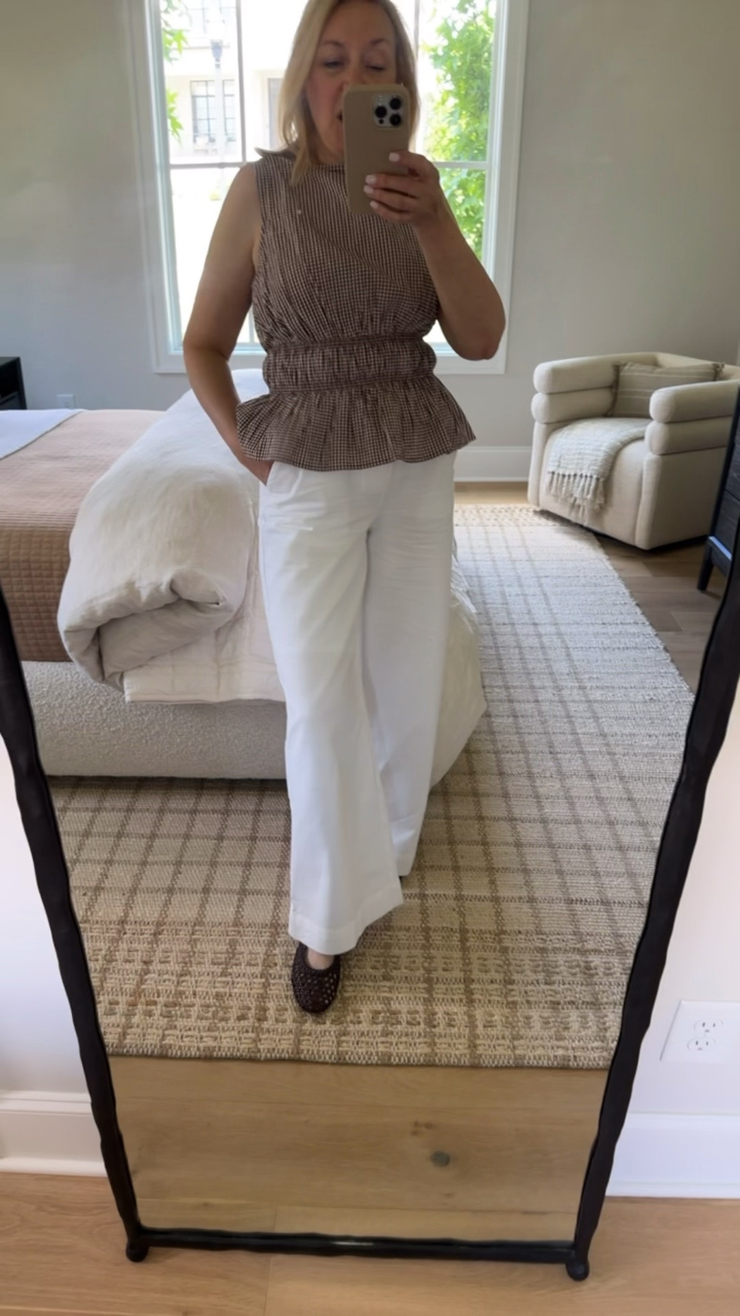 Cutest gingham sleeveless top paired with faux linen trousers with pocket. 
@Target

#LTKMidsize #LTKOver40 #LTKootd