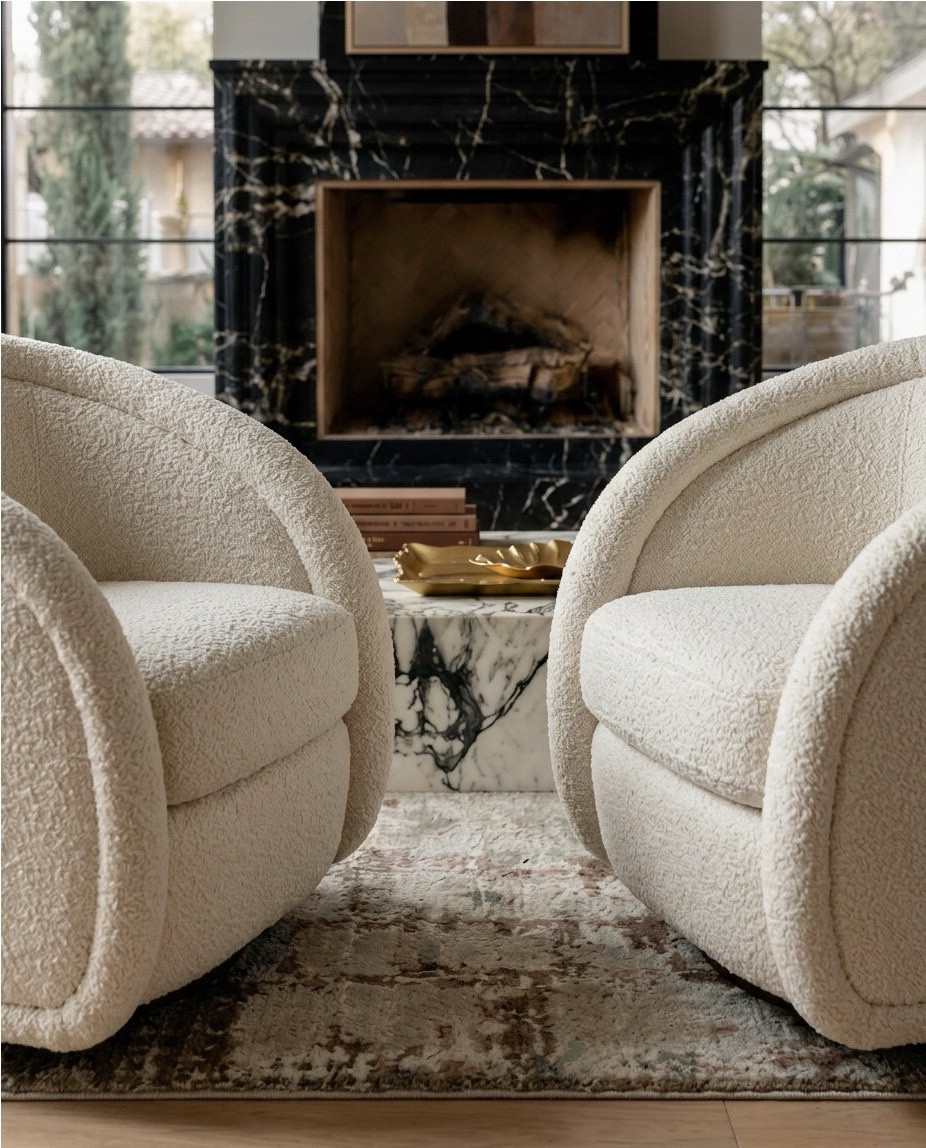 Shop the look
•Brown boucle sofa
•Marble coffee table
•Marble end table
•brass tray
•Black terracotta vase
•Brown decor books
•Brass leaf decor bowl 
•Brown vintage rug
•black and brown throw pillow
•brown knitted throw blanket
• white boucle swivel accent chair
•abstract wall art

#LTKSaleAlert #LTKHome