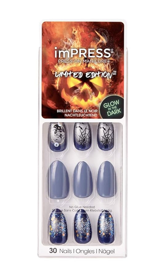 Kiss imPress Press-On Manicure Grey and Black Nails (Spider Web Design) Almond Shape Halloween Li... | Amazon (US)