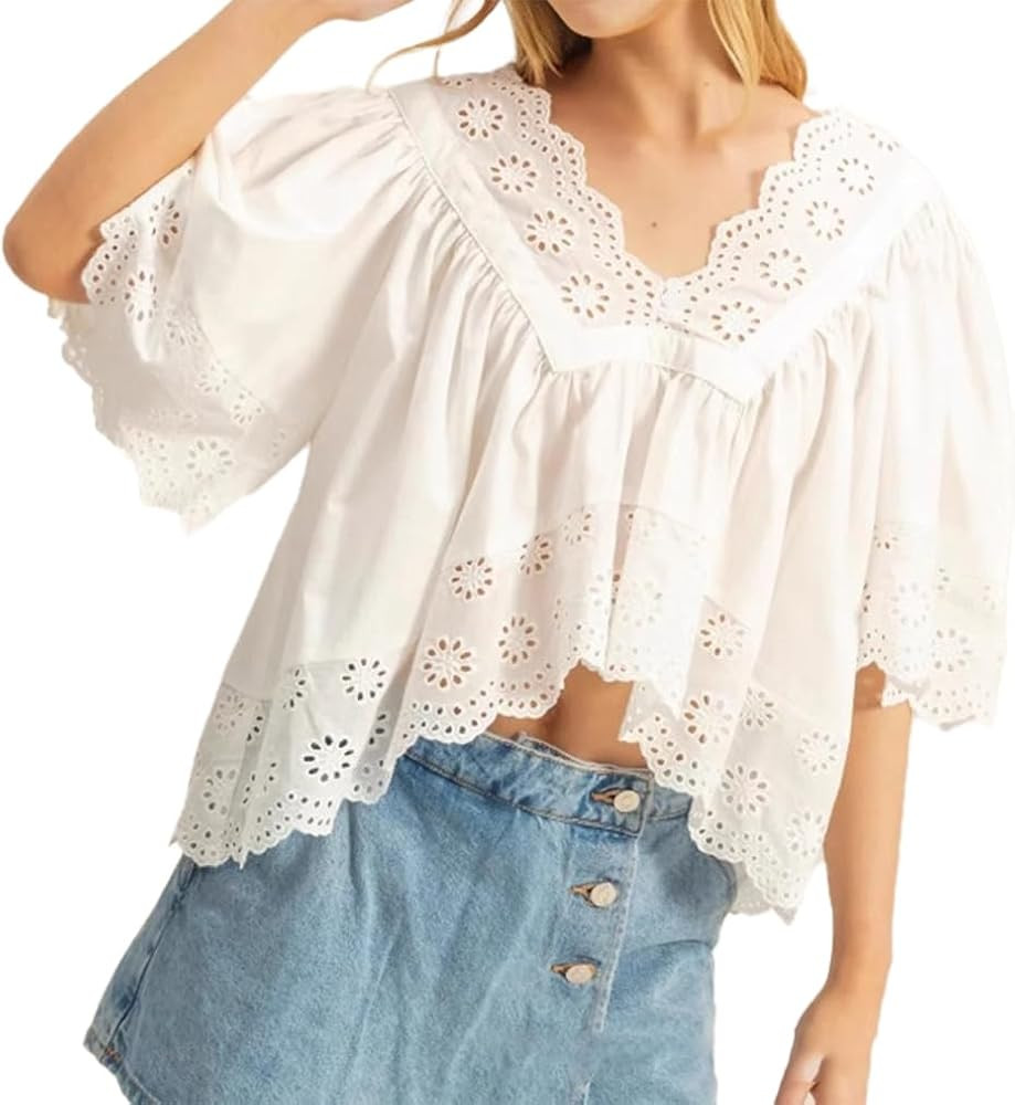 Eyelet Tops for Women Summer Hollow Out Embroidered Tops Casual Ruffle Cute V Neck Puff Sleeve Ba... | Amazon (US)