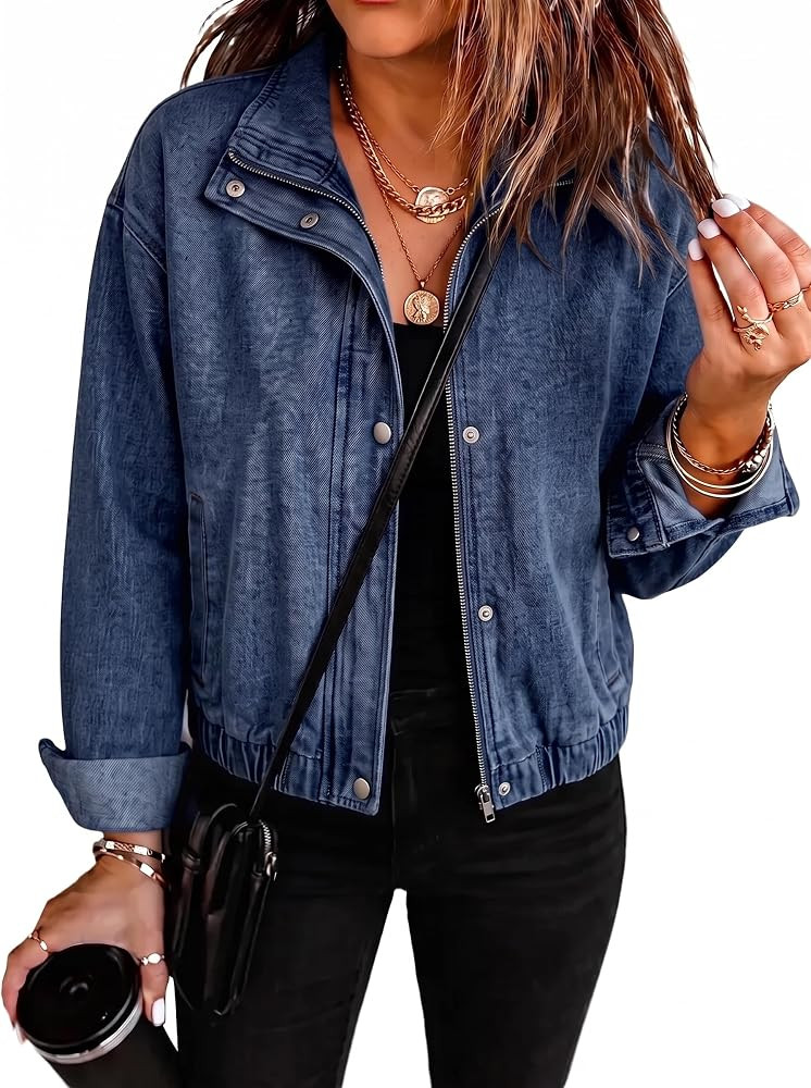 Dokotoo Womens Cropped Jean Jacket Zip Up Oversized Denim Jacket | Amazon (US)