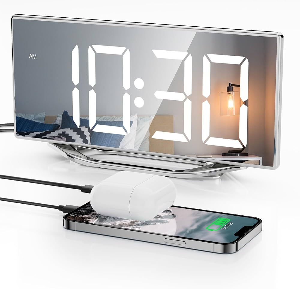 Digital Clock for Living Room, 8.7" LED Mirror Alarm Clocks for Bedrooms with 2 USB Ports,7-Level... | Amazon (US)