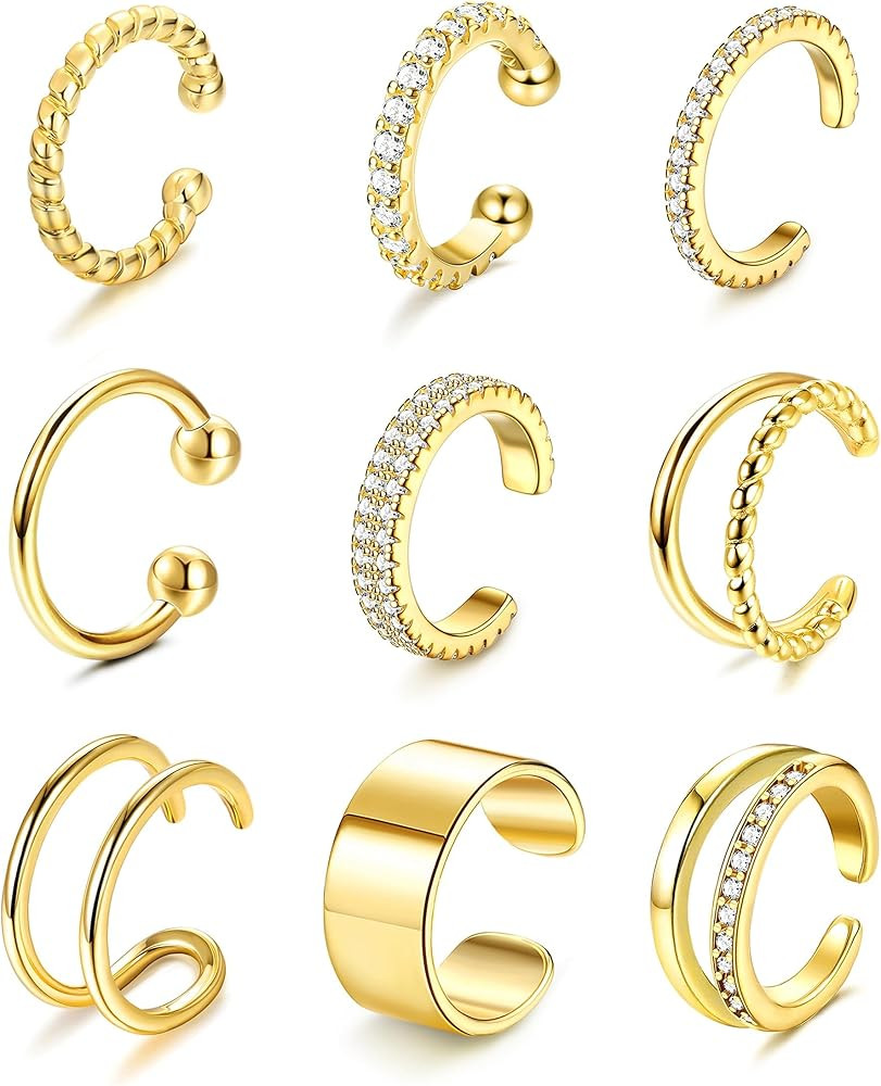 IRONBOX 9Pcs Ear Cuff Earrings for Women 14K Silver/Gold Ear Cuff Non Piercing Cartilage Clip Cuf... | Amazon (US)