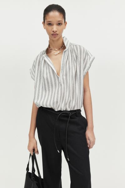 Cotton Blouse - V-neck - Short sleeve - White/striped - Ladies | H&M US | H&M (US + CA)