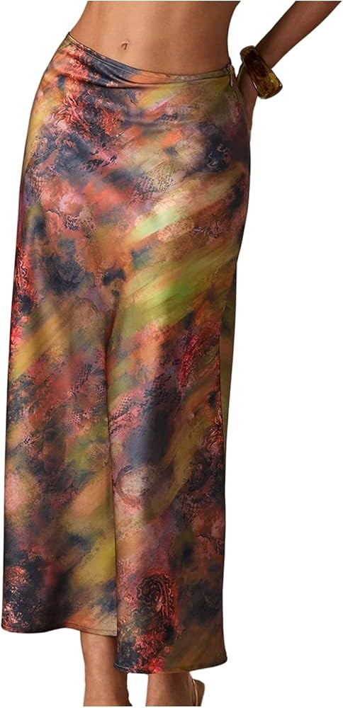 MakeMeChic Women's Satin Printed Maxi Long Skirt Silk High Waist Fishtail Elegant Skirts | Amazon (US)