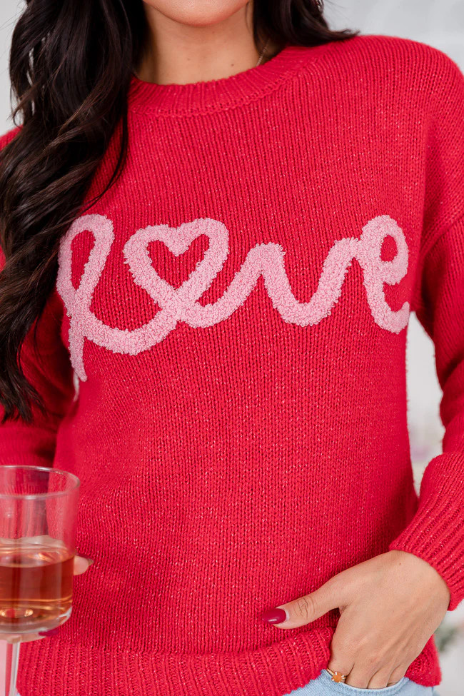 Running On Love Script Red Embroidered Sweater | Pink Lily