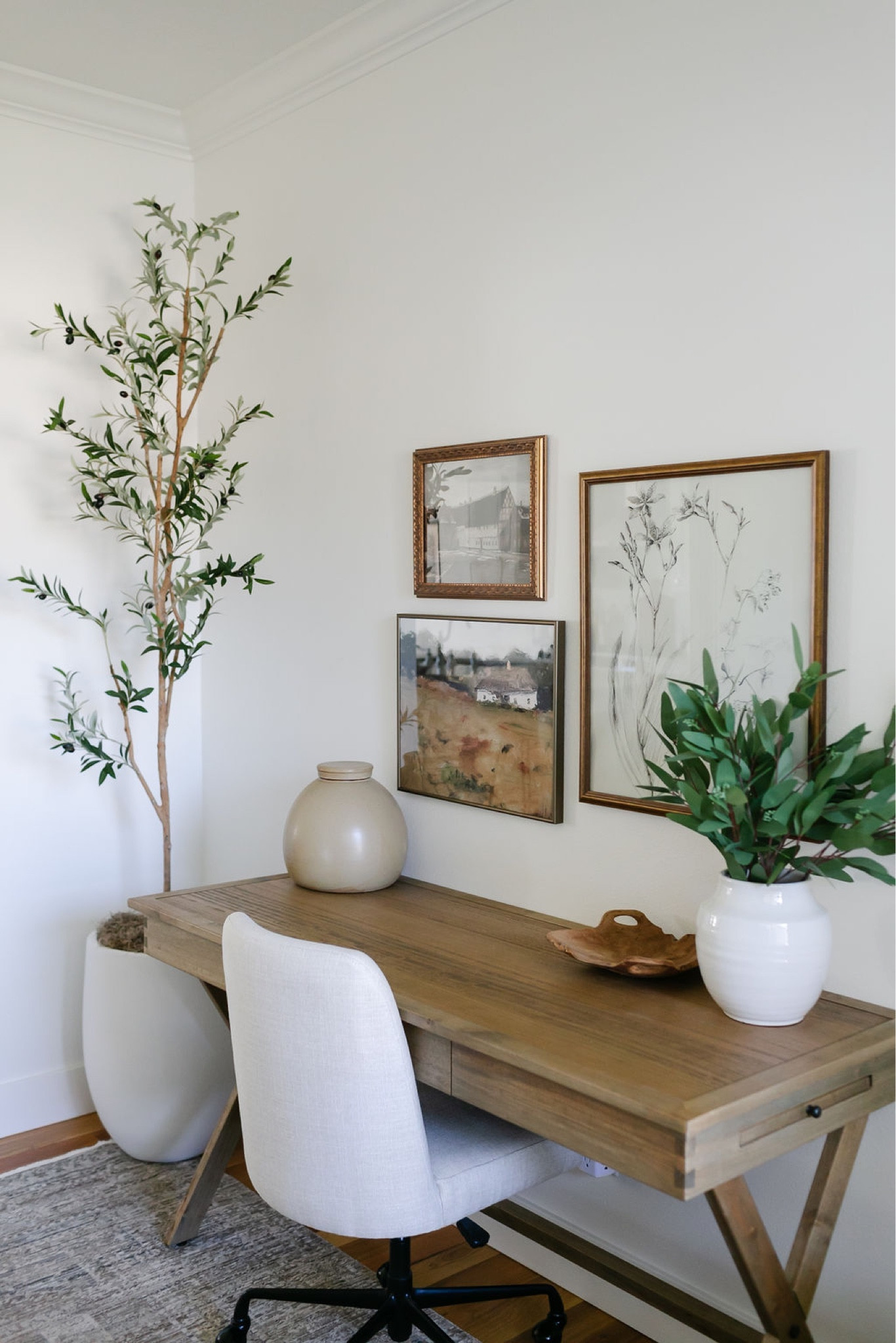 Home office, campaign desk, upholstered desk chair, olive tree, artwork  

#LTKhome #LTKSeasonal #LTKsalealert