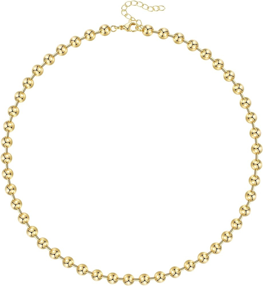 KissYan Gold Beaded Necklace for Women, 14K Gold Plated Adjustable High-Polished Basic Metal Ball... | Amazon (US)