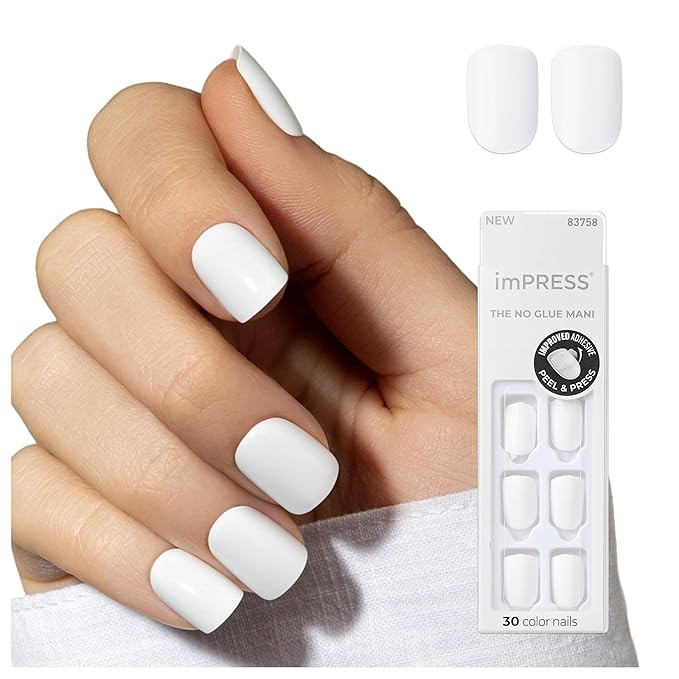 KISS imPRESS No Glue Mani Press On Nails, , 'Frosting', White, Short Size, Squoval Shape, Include... | Amazon (US)