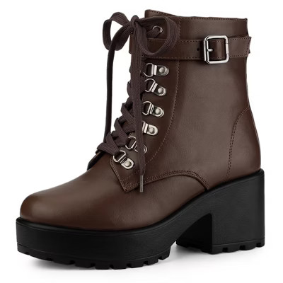 BLISSFUL STEP Women's Zip Chunky Heel Platform Ankle Combat Boots Dark Brown 7 | Target