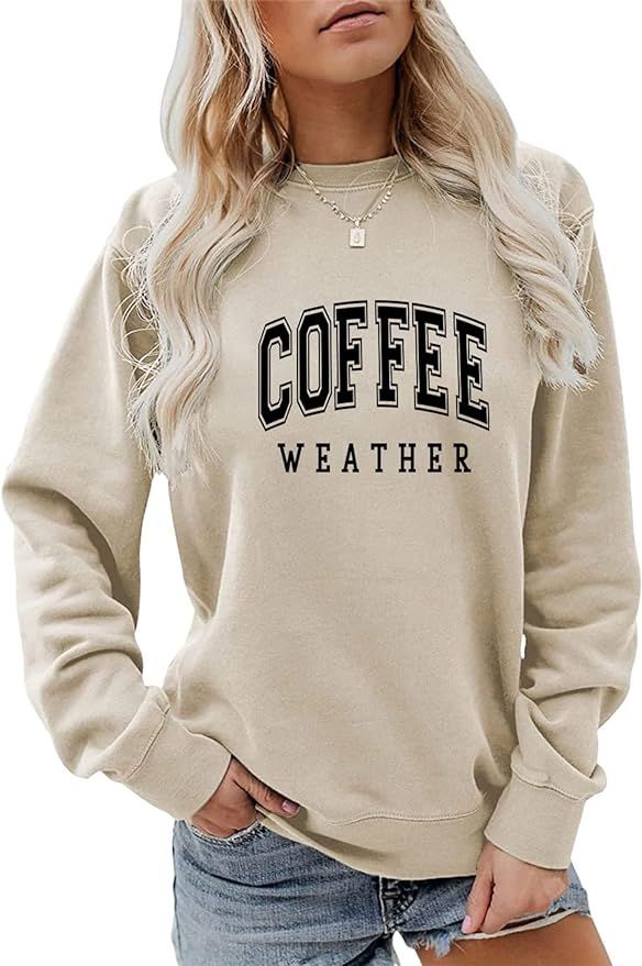 Women Coffee Weather Sweatshirt Fashion Retro Coffee Letter Print Solid Color Long Sleeve Casual ... | Amazon (US)