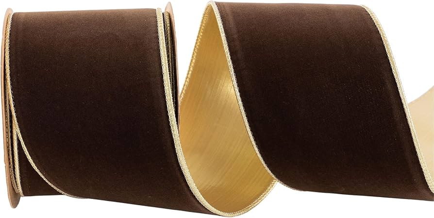 Fall Brown Velvet Christmas Wired Edge Ribbon 4 inch Wide*10Yards and Gold Backing Double Sided f... | Amazon (US)