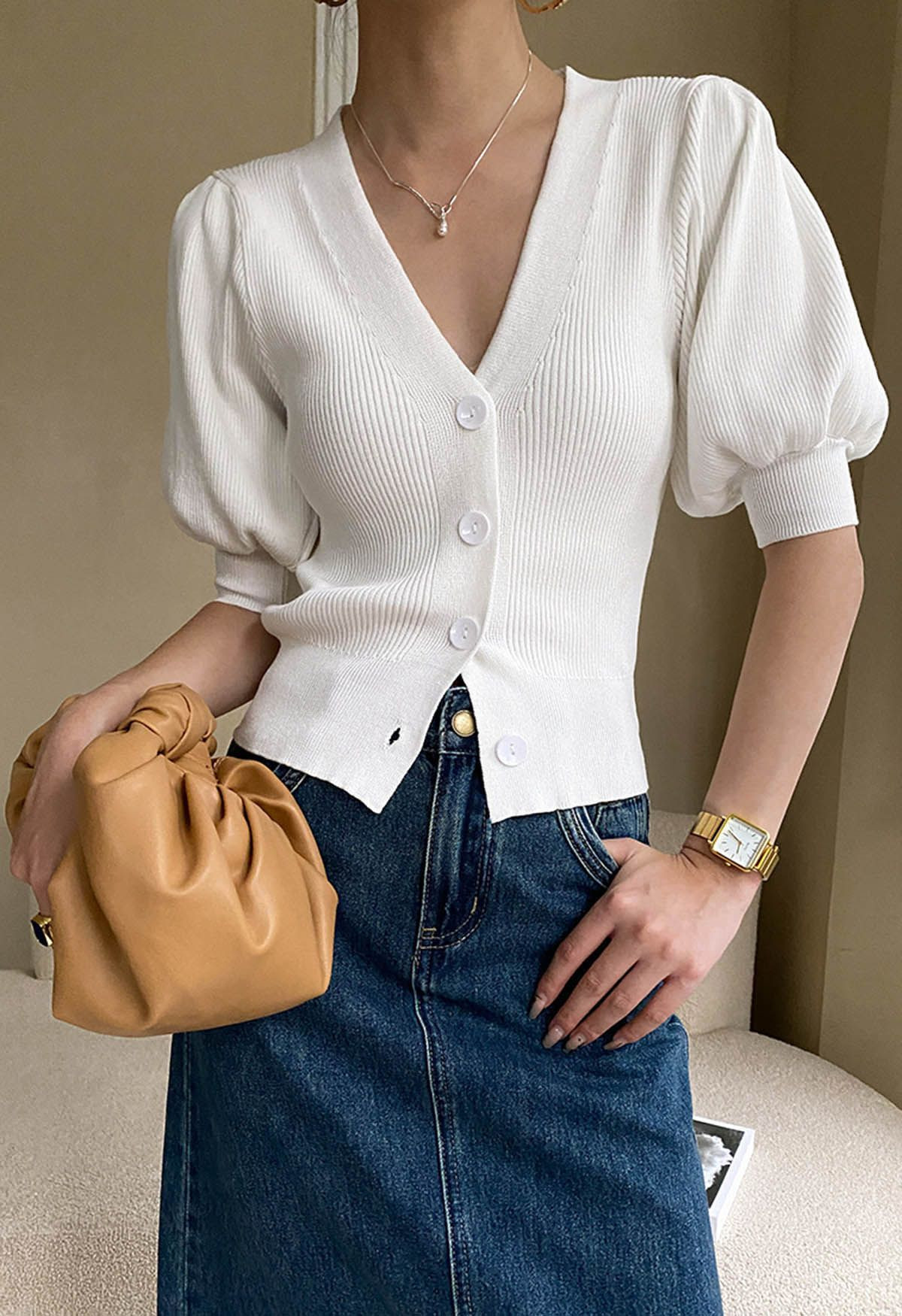 Bubble Sleeve V-Neck Buttoned Knit Top in White | Chicwish
